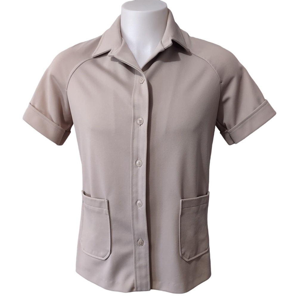 Short Sleeve Shirt Cricket Lane Tan Size 16 Women Vintage Made in USA Retro Boho